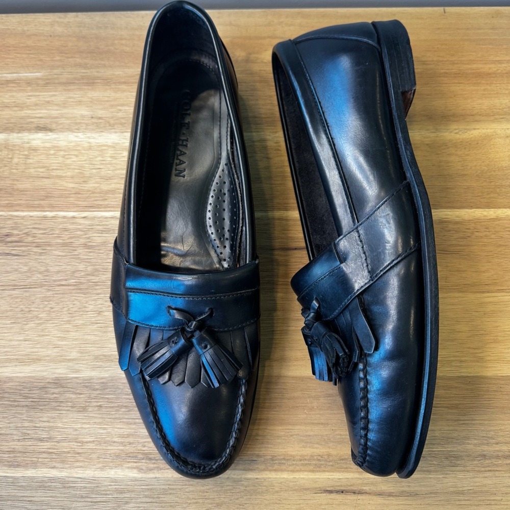 Cole Haan Men 12‎ M Black Leather Tassel Loafers American Handsewn Shoes Preppy